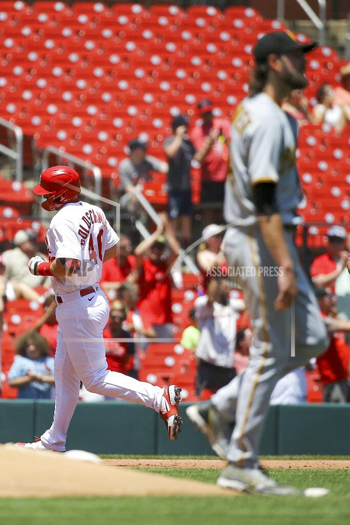 St. Louis Cardinals' Paul Goldschmidt runs the bases after hitting a two-run home run off Pittsburgh Pirates starting pitcher JT Brubaker during the third inning in the first game of a baseball doubleheader, Tuesday, June 14, 2022, in St. Louis. (AP Photo/Scott Kane)