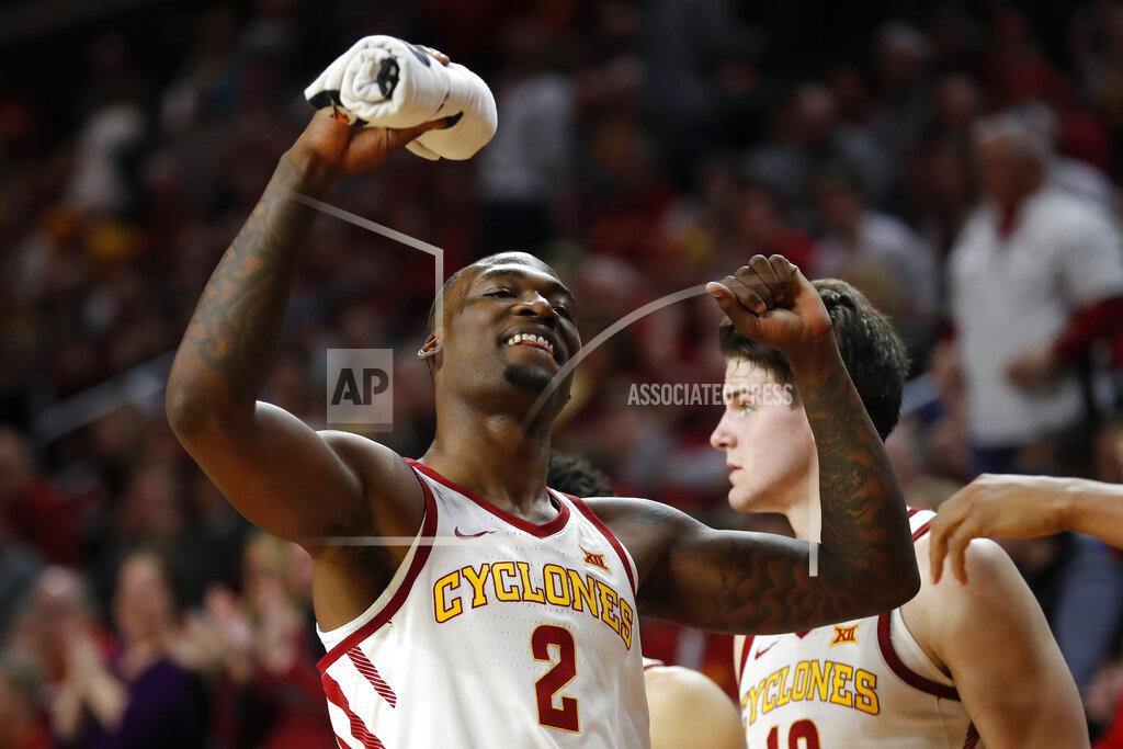 Charlie Neibergall Iowa State forward Cameron Lard (2) celebrates at the end of an NCAA college basketball game against Oklahoma, Monday, Feb. 25, 2019, in Ames, Iowa. (AP Photo/Charlie Neibergall)