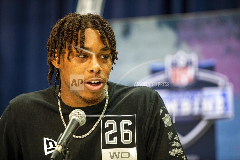Detroit Lions Justin Jefferson talks to the media at the NFL Scouting Combine on Tuesday, Feb. 25, 2020 in Indianapolis. (Detroit Lions via AP)