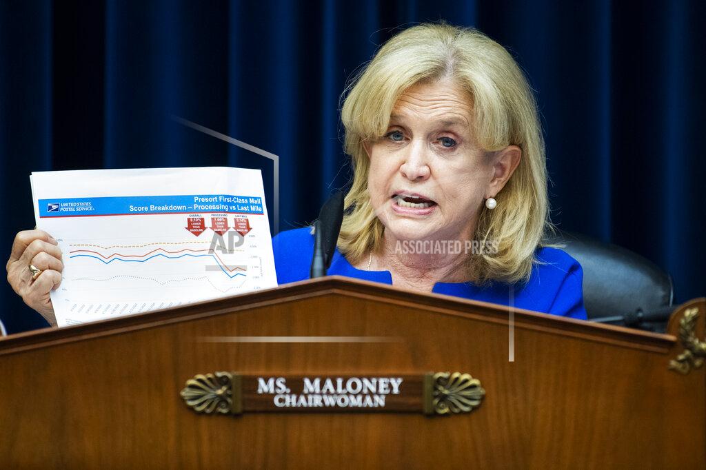 Tom Williams Chairwoman Carolyn Maloney, D-N.Y., questions Postmaster General Louis DeJoy during a House Oversight and Reform Committee hearing on the Postal Service on Capitol Hill, Monday, Aug. 24, 2020, in Washington. (Tom Williams/Pool via AP)