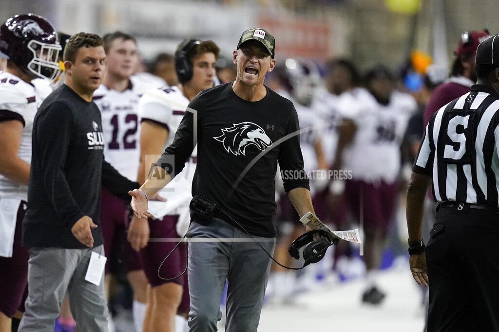 Charlie Neibergall Southern Illinois head coach Nick Hill reacts to a call during the second half of an NCAA college football game against Northern Iowa, Saturday, Oct. 30, 2021, in Cedar Falls, Iowa. Northern Iowa won 23-16. (AP Photo/Charlie Neibergall)