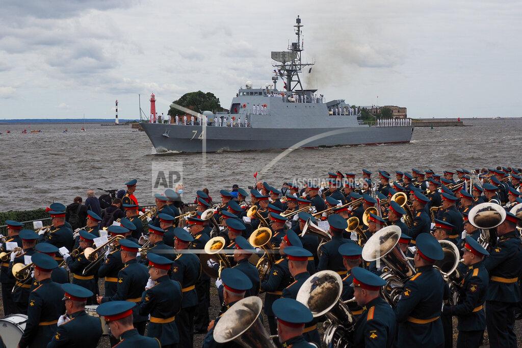 Uncredited Iranian frigate "Sahand" of the Southern Fleet of the Islamic Republic of Iran Navy takes part in the military parade during celebrations for Navy Day, in Kronshtadt outside St.Petersburg, Russia, Sunday, July 25, 2021. (AP Photo)