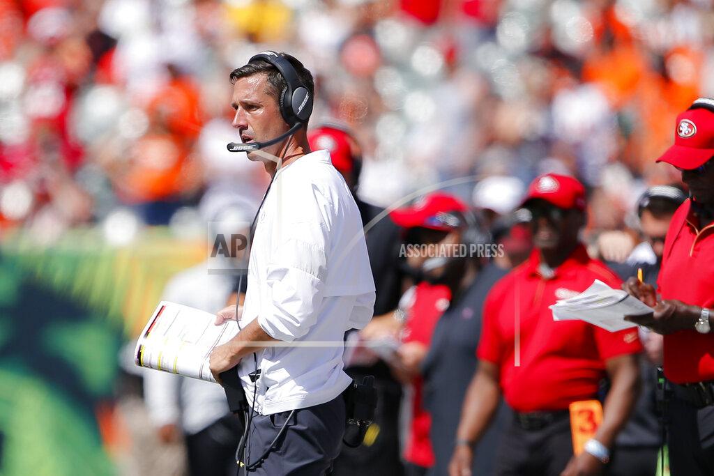 Gary Landers San Francisco 49ers head coach Kyle Shanahan works the sidelines during the first half an NFL football game against the Cincinnati Bengals, Sunday, Sept. 15, 2019, in Cincinnati. (AP Photo/Gary Landers)
