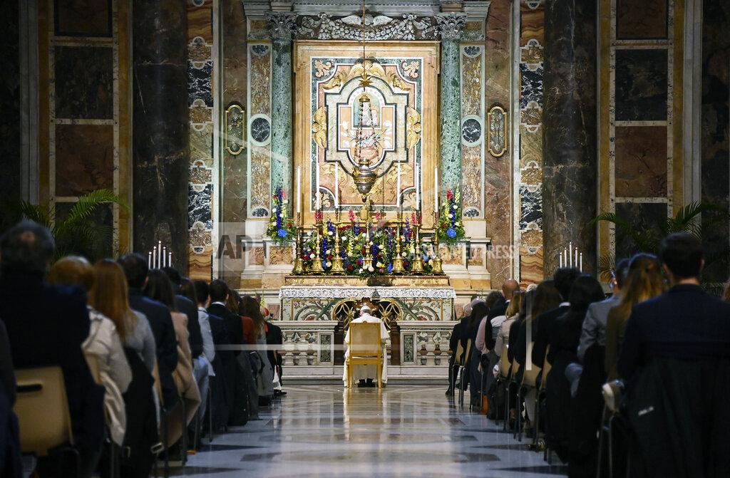 Riccardo Antimiani Pope Francis prays in the Gregorian Chapel in St. Peter's Basilica at the Vatican, Saturday, May 1, 2021. Pope Francis led a special prayer service Saturday evening to invoke the end of the pandemic. (Riccardo Antimiani/Pool photo via AP)
