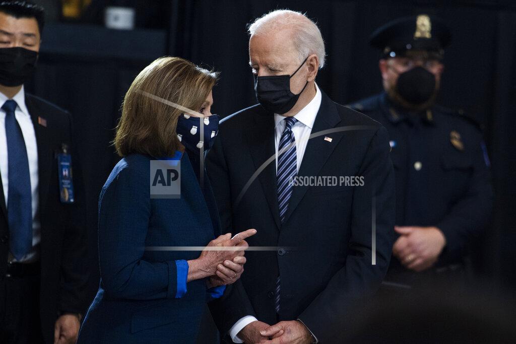 Tom Williams House Speaker Nancy Pelosi, D-Calif., speaks with President Joe Biden as they attend the service for U.S. Capitol Officer William "Billy" Evans, as his remains lie in honor in the Capitol Rotunda, Tuesday, April 13, 2021 in Washington. (Tom Williams/Pool via AP)