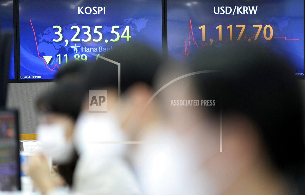 Lee Jin-Man Currency traders watch computer monitors near the screens showing the Korea Composite Stock Price Index (KOSPI), left, and the foreign exchange rate between U.S. dollar and South Korean won at the foreign exchange dealing room in Seoul, South Korea, Friday, June 4, 2021. Asian shares mostly slipped Friday, dragged lower by a decline in technology stocks on Wall Street. (AP Photo/Lee Jin-man)