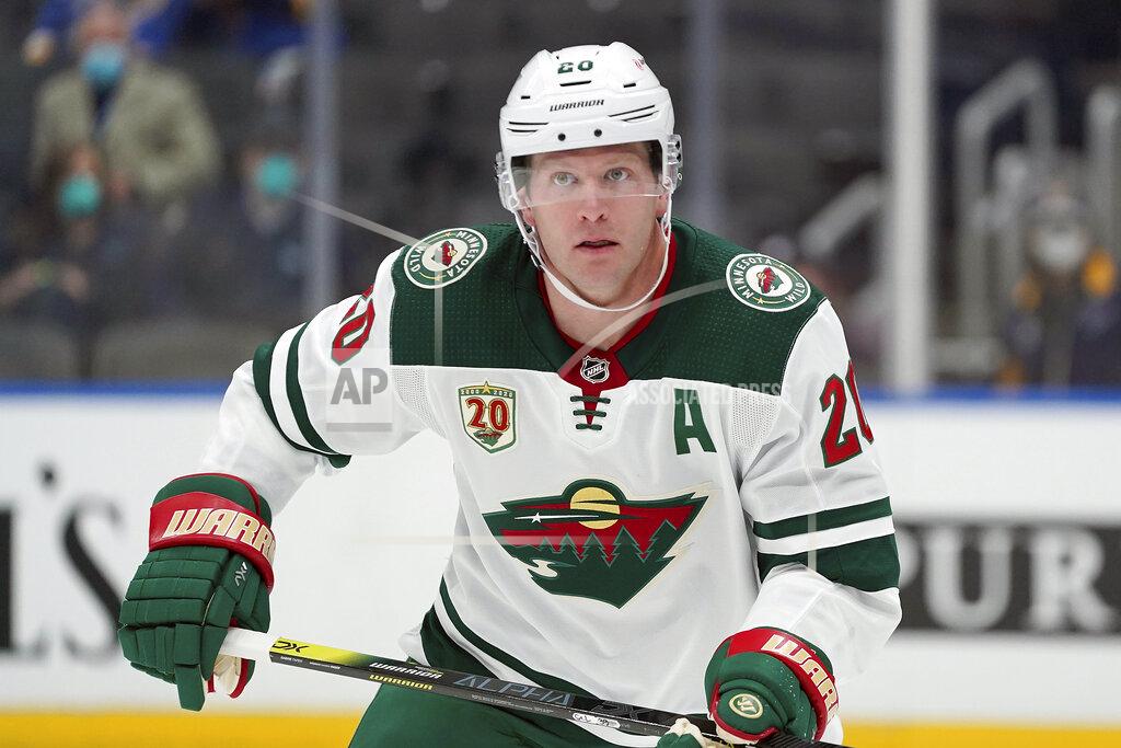 Jeff Roberson FILE - Minnesota Wild's Ryan Suter plays during the second period of an NHL hockey game against the St. Louis Blues in St. Louis, in this Friday, April 9, 2021, file photo. Ryan Suter became the first player to sign a new contract when NHL free agency began Wednesday, July 28, 2021, joining the Dallas Stars on a $14.6 million, four-year deal. (AP Photo/Jeff Roberson, File)
