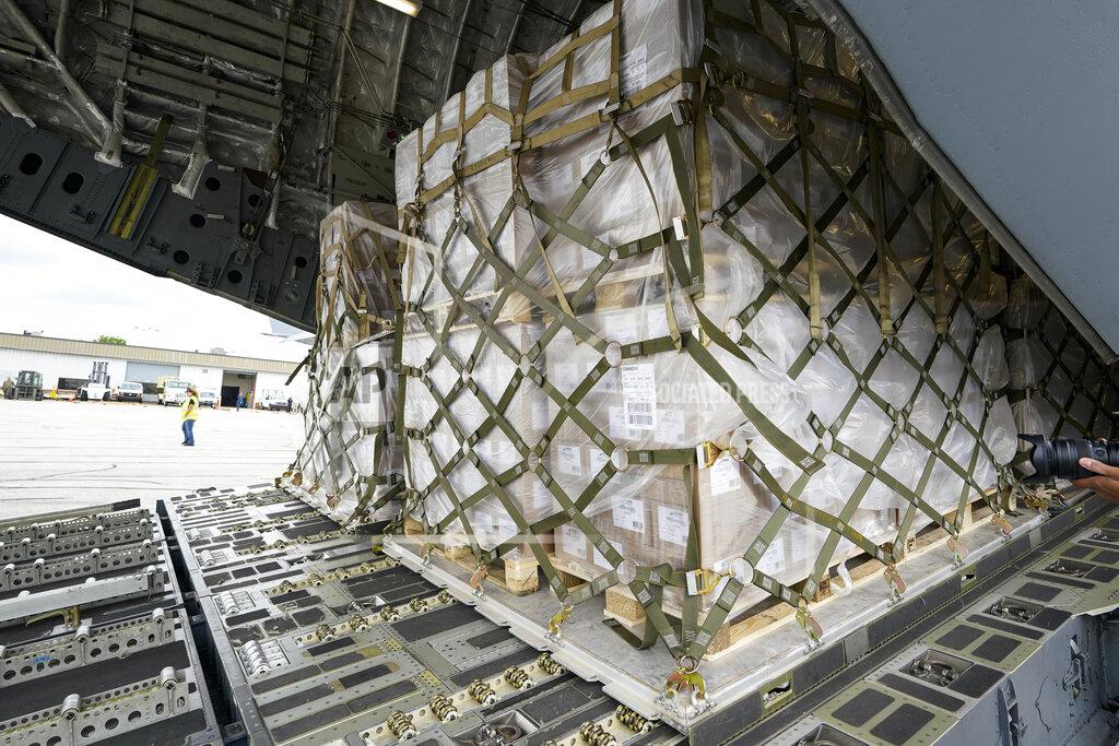 Michael Conroy The 132 pallets of Nestlé Health Science Alfamino Infant and Alfamino Junior formula are shown in the cargo hold of a C-17 plane at the Indianapolis International Airport in Indianapolis, Sunday, May 22, 2022. (AP Photo/Michael Conroy)