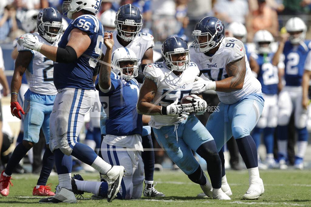 James Kenney Tennessee Titans linebacker Harold Landry (58) celebrates after recovering a fumble by Indianapolis Colts quarterback Jacoby Brissett (7) in the second half of an NFL football game Sunday, Sept. 15, 2019, in Nashville, Tenn. (AP Photo/James Kenney)
