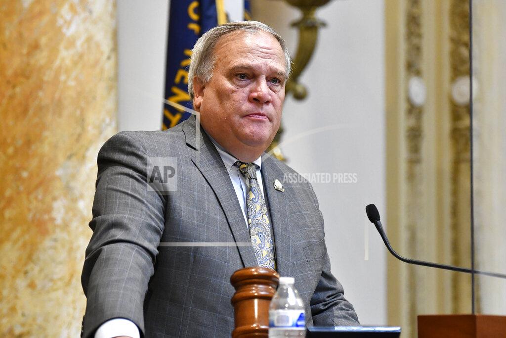 Timothy D. Easley Kentucky Senate President Robert Stivers looks out over the Senate body during the opening day of the Kentucky State Legislature special session in Frankfort, Ky., Tuesday, Sept. 7, 2021. (AP Photo/Timothy D. Easley)