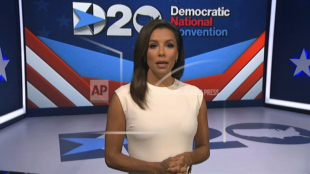 Uncredited In this image from video, Eva Longoria, serving as moderator, speaks during the first night of the Democratic National Convention on Monday, Aug. 17, 2020. (Democratic National Convention via AP)