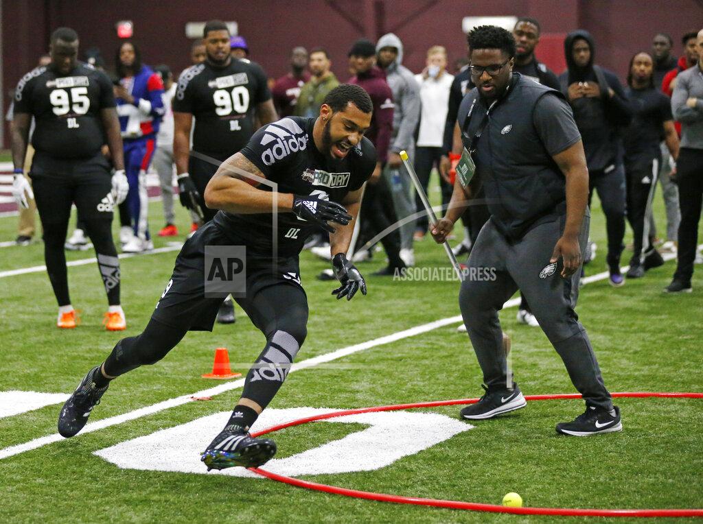 Rogelio V. Solis Former Mississippi State defensive player Montez Sweat runs an agility drill while getting combine tested by NFL football scouts and coaches during Pro Day at Mississippi State, Wednesday, March 27, 2019, in Starkville, Miss. (AP Photo/Rogelio V. Solis)