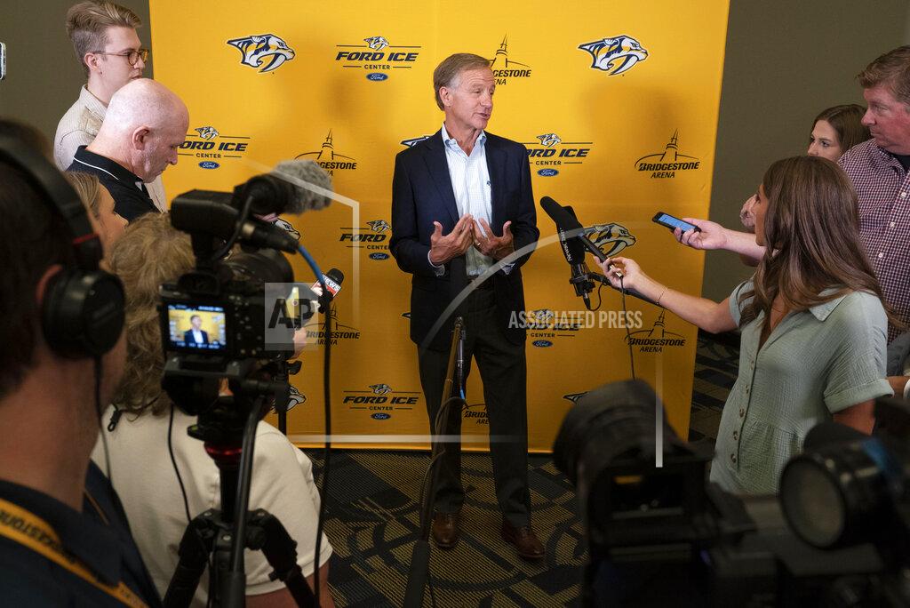 Former Tennessee Gov. Bill Haslam discusses his plans to purchase a majority stake of the Nashville Predators NHL hockey club during a press conference at Bridgestone Arena Thursday, June 23, 2022, in Nashville, Tenn. (George Walker IV/The Tennessean via AP)