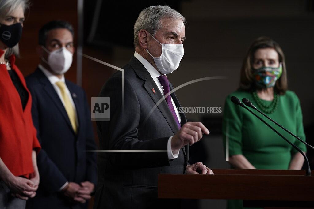 J. Scott Applewhite House Budget Committee Chairman John Yarmuth, D-Ky., speaks meets with reporters before the House votes to pass a $1.9 trillion pandemic relief package, during a news conference at the Capitol in Washington, Friday, Feb. 26, 2021. House Speaker Nancy Pelosi of Calif., is at right. (AP Photo/J. Scott Applewhite)