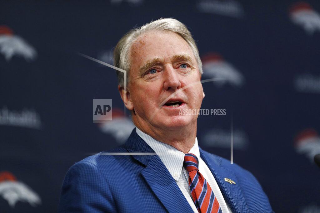 FILE - In this Thursday, Jan. 10, 2019, file photo, Denver Broncos president Joe Ellis speaks during a news conference at the team's headquarters in Englewood, Colo. Ever since soon-to-be Hall of Famer Pat Bowlen stepped down from his daily duties as owner of the Denver Broncos, team president Joe Ellis ran the team in a "What would Pat do" sort of way. With Bowlen's death last month, that's no longer the case. Ellis tells The Associated Press it's time for the Broncos to establish a new identity. (AP Photo/David Zalubowski, File)