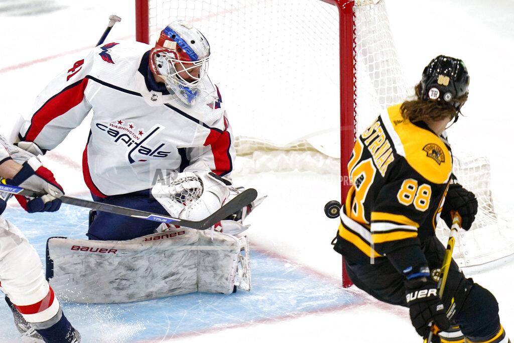 Charles Krupa Washington Capitals goaltender Vitek Vanecek, looks back as the puck hits the post after a shot by Boston Bruins right wing David Pastrnak (88) during the first period of an NHL hockey game, Wednesday, March 3, 2021, in Boston. (AP Photo/Charles Krupa)