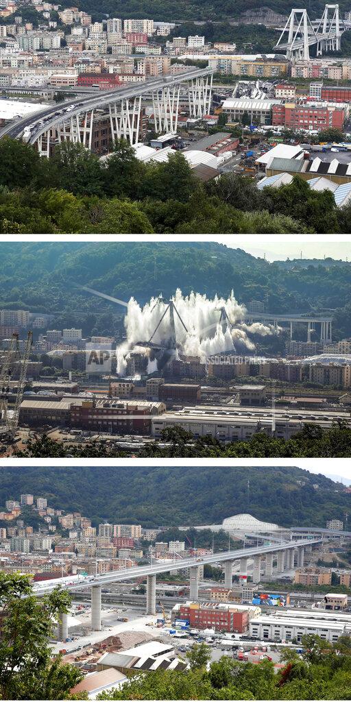 Antonio Calanni FILE - In this composite photo, an Aug. 14, 2018, file photo, top, as vehicles are blocked on the Morandi highway bridge after a section of it collapsed killing 43 people, a June 28, 2019 file photo, middle, showing the remaining spans of the being demolished in a planned explosion, and a photo of the new bridge, bottom, taken on the day of its inauguration, Monday, Aug. 3, 2020, in Genoa, northern Italy. Fifty-nine people went on trial Thursday, July 7, 2022, for the 2018 collapse of Genoa's Morandi bridge, accused of manslaughter and other charges in the deaths of 43 people. (AP Photo/Antonio Calanni, File)