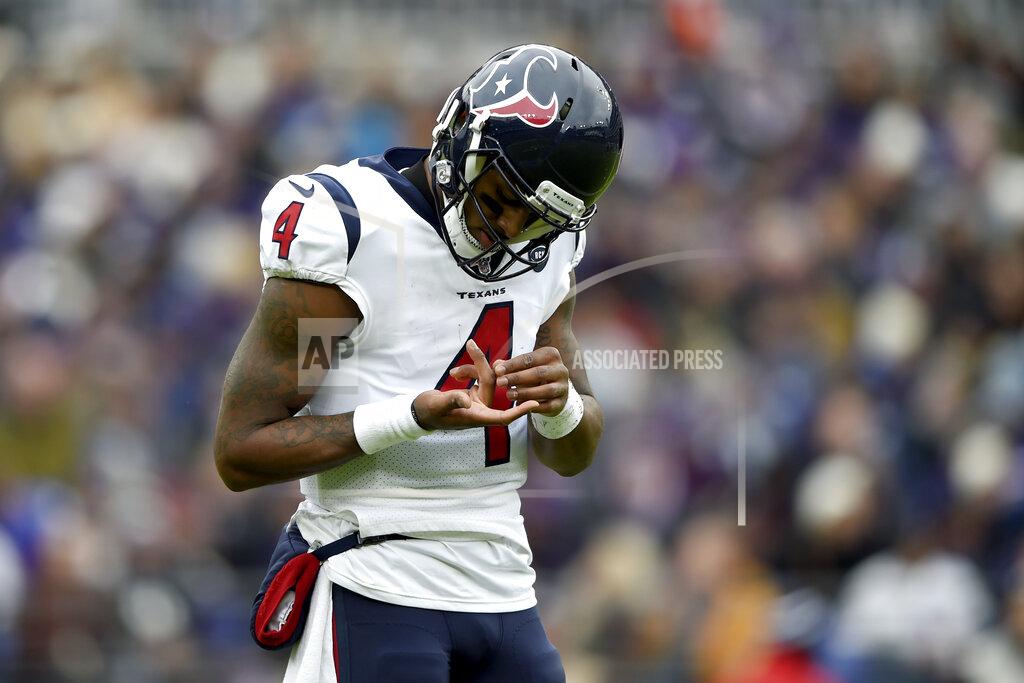 Gail Burton Houston Texans quarterback Deshaun Watson inspects his hand after a play against the Baltimore Ravens during the first half of an NFL football game, Sunday, Nov. 17, 2019, in Baltimore. (AP Photo/Gail Burton)