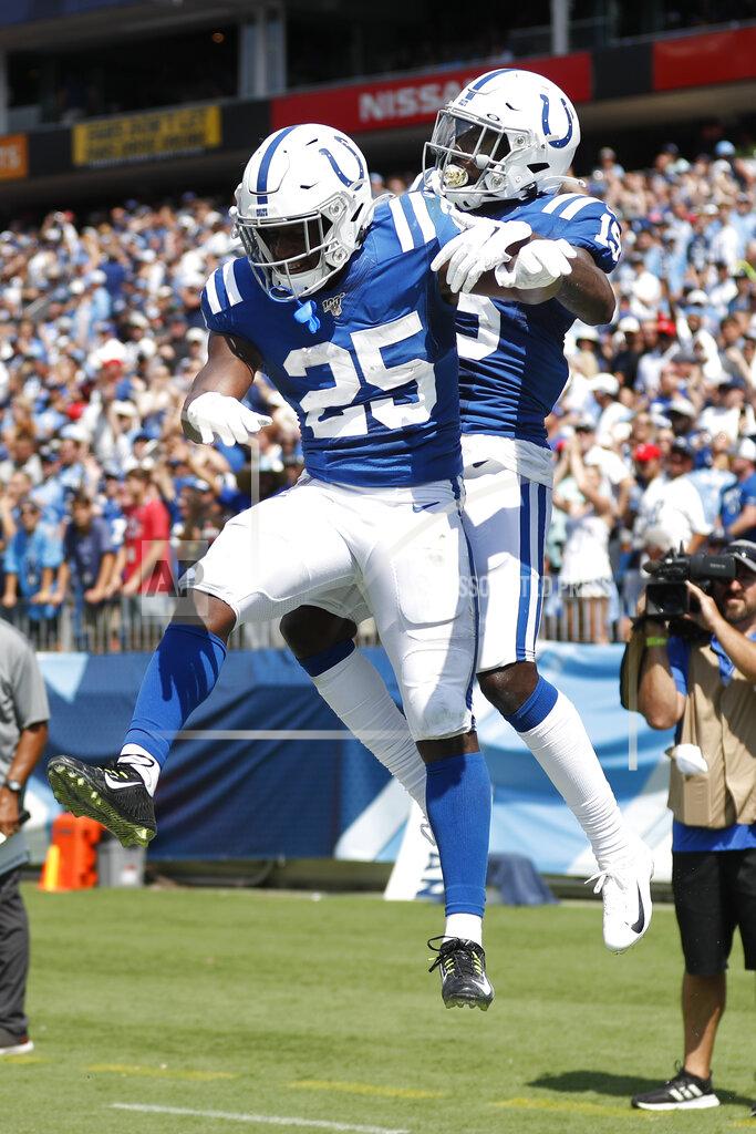 Wade Payne Indianapolis Colts wide receiver Parris Campbell, right, celebrates with running back Marlon Mack (25) after Campbell caught a touchdown pass against the Tennessee Titans in the first half of an NFL football game Sunday, Sept. 15, 2019, in Nashville, Tenn. (AP Photo/Wade Payne)