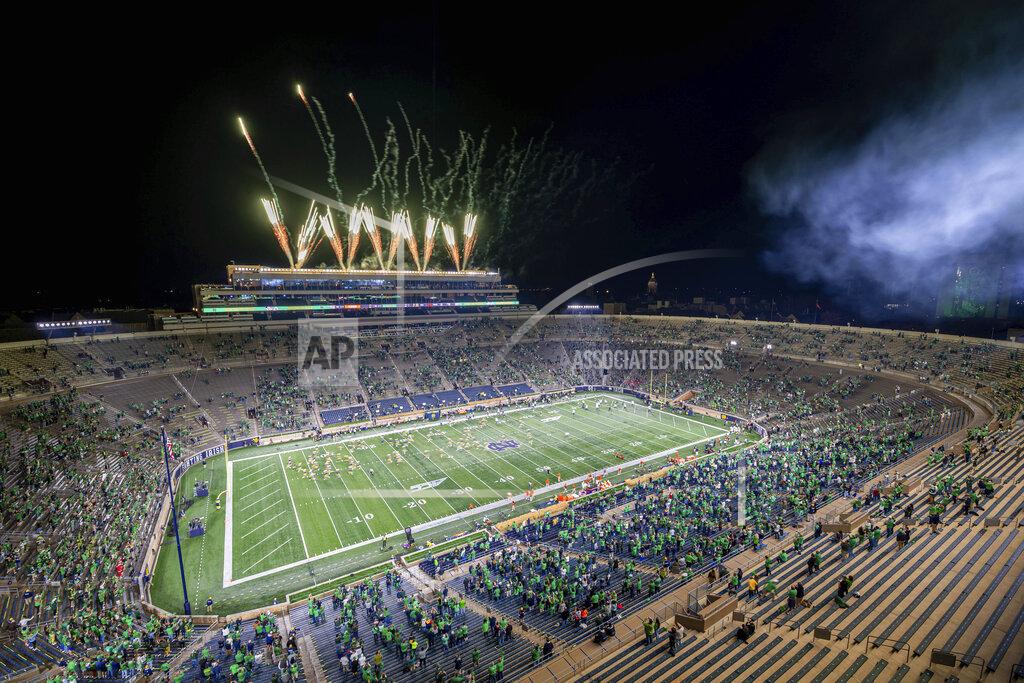Matt Cashore Fireworks explode over Notre Dame Stadium before an NCAA college football game between Notre Dame and Clemson on Saturday, Nov. 7, 2020, in South Bend, Ind. (Matt Cashore/Pool Photo via AP)