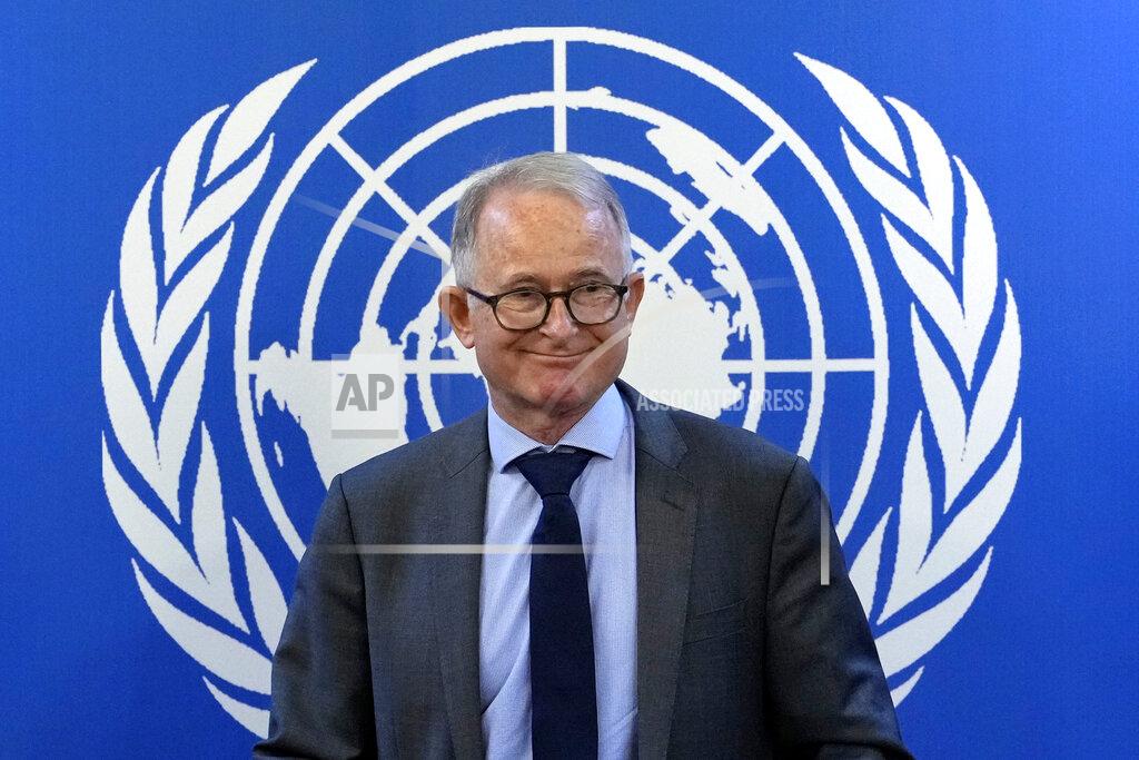 Ebrahim Noroozi United Nations Special Rapporteur on the situation of Human Rights in Afghanistan, Richard Bennett, attends a news conference in Kabul, Afghanistan, Thursday, May 26, 2022. (AP Photo/Ebrahim Noroozi)