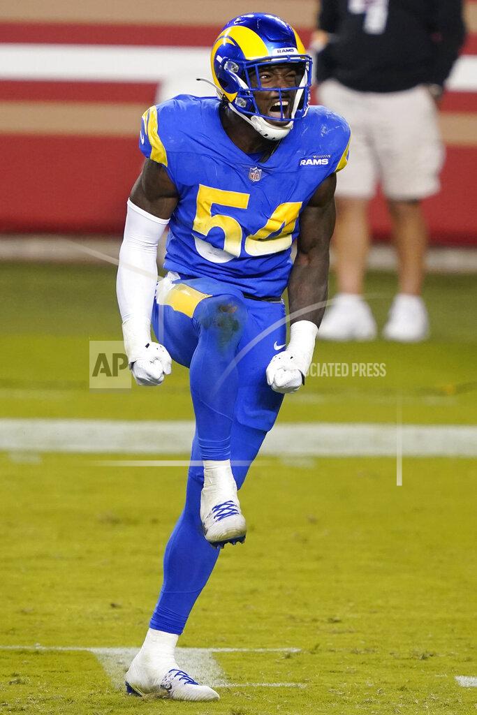 Tony Avelar Los Angeles Rams outside linebacker Leonard Floyd (54) reacts after tackling San Francisco 49ers wide receiver Deebo Samuel during the second half of an NFL football game in Santa Clara, Calif., Sunday, Oct. 18, 2020. (AP Photo/Tony Avelar)
