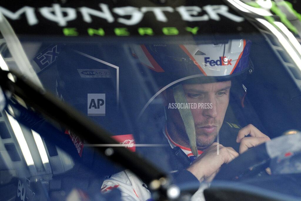 Mike Mccarn Denny Hamlin is seen in his car during practice for Sunday's NASCAR Cup Series auto race at Charlotte Motor Speedway in Concord, N.C., Saturday, Sept. 28, 2019. (AP Photo/Mike McCarn)