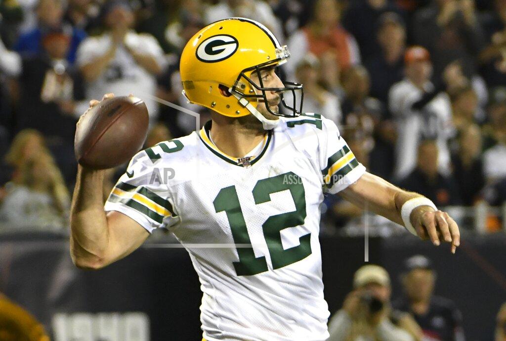 David Banks Green Bay Packers' Aaron Rodgers throws during the second half of an NFL football game against the Chicago Bears Thursday, Sept. 5, 2019, in Chicago. (AP Photo/David Banks)