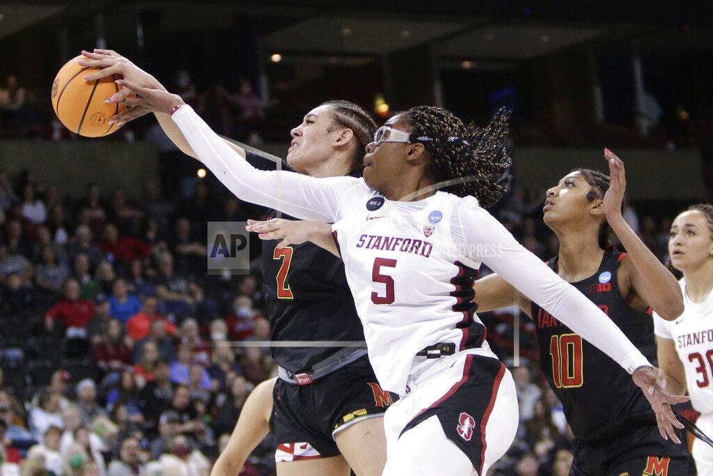 Young Kwak Stanford forward Francesca Belibi (5) battles with Maryland forward Mimi Collins (2) for the ball during the second half of a college basketball game in the Sweet 16 round of the NCAA tournament, Friday, March 25, 2022, in Spokane, Wash. Stanford won 72-66. (AP Photo/Young Kwak)