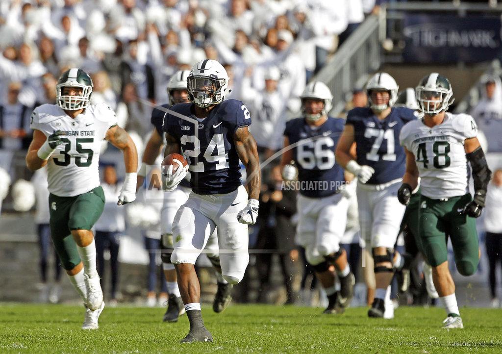 Chris Knight Penn State's Miles sanders (24) breaks off a long run against Michigan State during the first half of an NCAA college football game in State College, Pa., Saturday, Oct. 13, 2018. (AP Photo/Chris Knight)