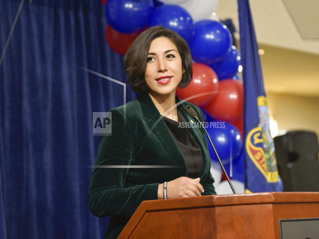 FILE- In this Tuesday, Nov. 6, 2018, file photo then Democratic gubernatorial candidate Paulette Jordan addresses supporters at an election night party in Boise, Idaho. Jordan has announced she's challenging Republican U.S. Sen. Jim Risch. Jordan announced Friday, Feb. 7, 2020, she plans to run against the two-term senator. Jordan in 2018 became the first woman to become the Democratic gubernatorial nominee in Idaho but lost in the general election to Republican Gov. Brad Little. (AP Photo/Diane Loos, File)