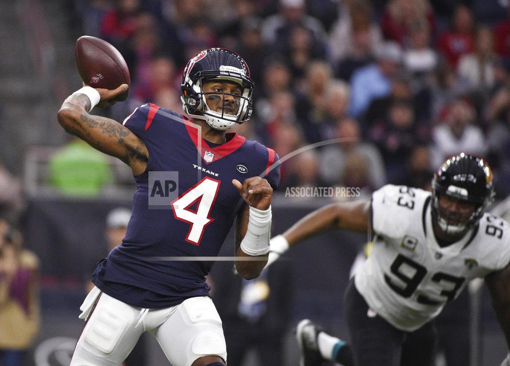 FILE - In this Dec. 30, 2018, file photo, Houston Texans quarterback Deshaun Watson (4) throws a pass against the Jacksonville Jaguars during the first half of an NFL football game in Houston. Watson will make his playoff debut on Saturday against the Indianapolis Colts in his second year in the NFL. (AP Photo/Eric Christian Smith, File)