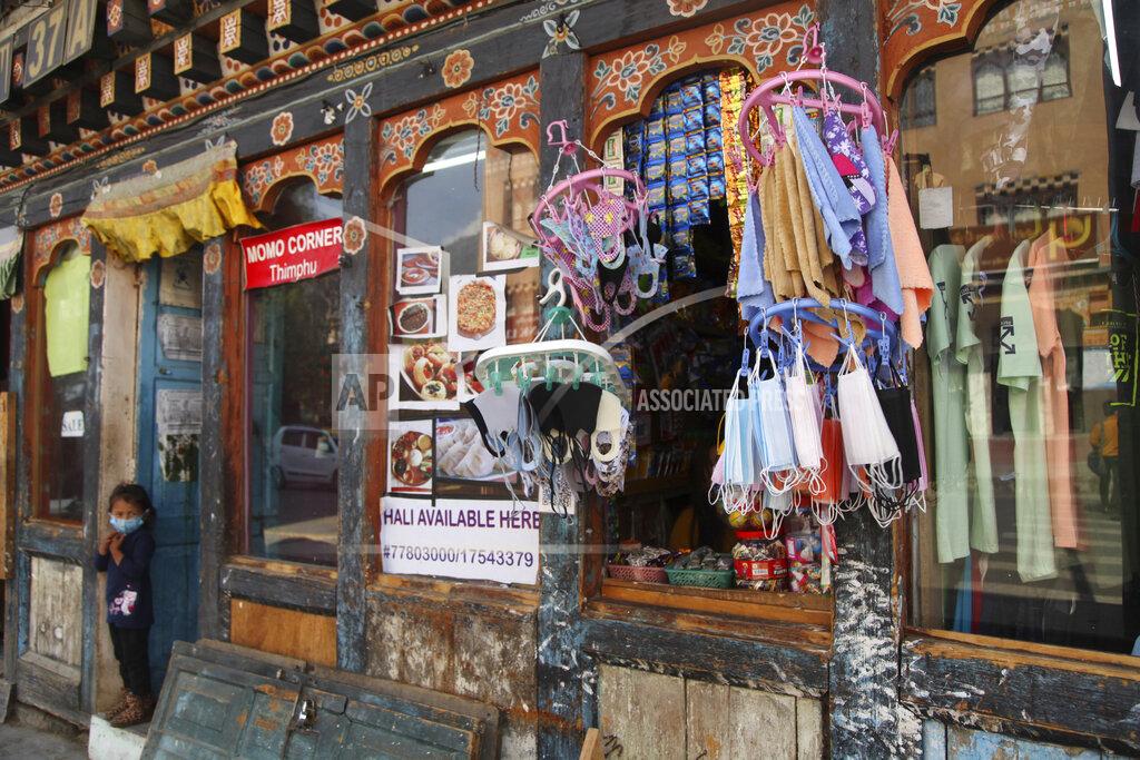 Uncredited Face masks for use as precaution against coronavirus are displayed for sale at a shop in Thimpu, Bhutan, Monday, April 12, 2021. The tiny Himalayan kingdom wedged between India and China has vaccinated nearly 93% of its adult population since March 27. Overall, the country has vaccinated 62% of its 800,000 people. (AP Photo)
