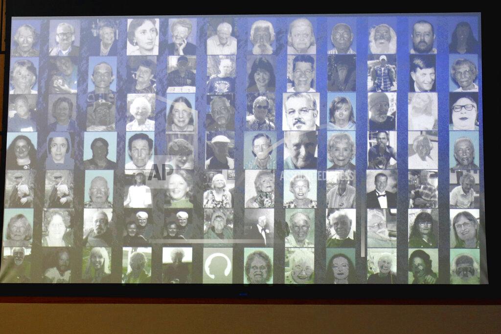 Rich Pedroncelli FILE - In this June 16, 2020, file photo, photos of the 84 people killed in a 2018 wildfire that wiped out the town of Paradise, are displayed during a hearing held on felony charges against PG&E Corp., in Butte County Superior Court in Chico, Calif. California power regulators are poised to reprimand Pacific Gas & Electric for continuing to neglect its electrical grid that has ignited a series of deadly wildfires in Northern California. At a meeting Thursday, April 15, 2021, the Public Utilities Commission could order the utility to do be more vigilant in the upcoming months of hot, windy weather. (AP Photo/Rich Pedroncelli, Pool, File)
