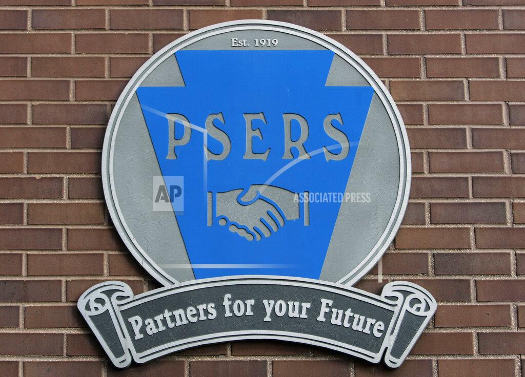 Carolyn Kaster FILE - This Tuesday, Dec. 12, 2006 file photo shows the Public School Employees' Retirement System logo in Harrisburg, Pa. near the main entrance their headquarters. In a report released on Tuesday, Sept. 14, 2021, the Pew Charitable Trust found that the four states with the most endangered pension systems — Illinois, Kentucky, New Jersey and Pennsylvania — have been ramping up contributions even faster, averaging annual growth of 16%. (AP Photo/Carolyn Kaster, File)