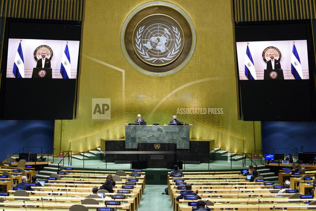 Loey Felipe In this photo provided by the United Nations, Nayib Armando Bukele, president of El Salvador, is shown on video monitors as he speaks in a pre-recorded video message, during the 75th session of the United Nations General Assembly, Tuesday, Sept. 29, 2020, at UN headquarters. (Loey Felipe/UN Photo via AP)