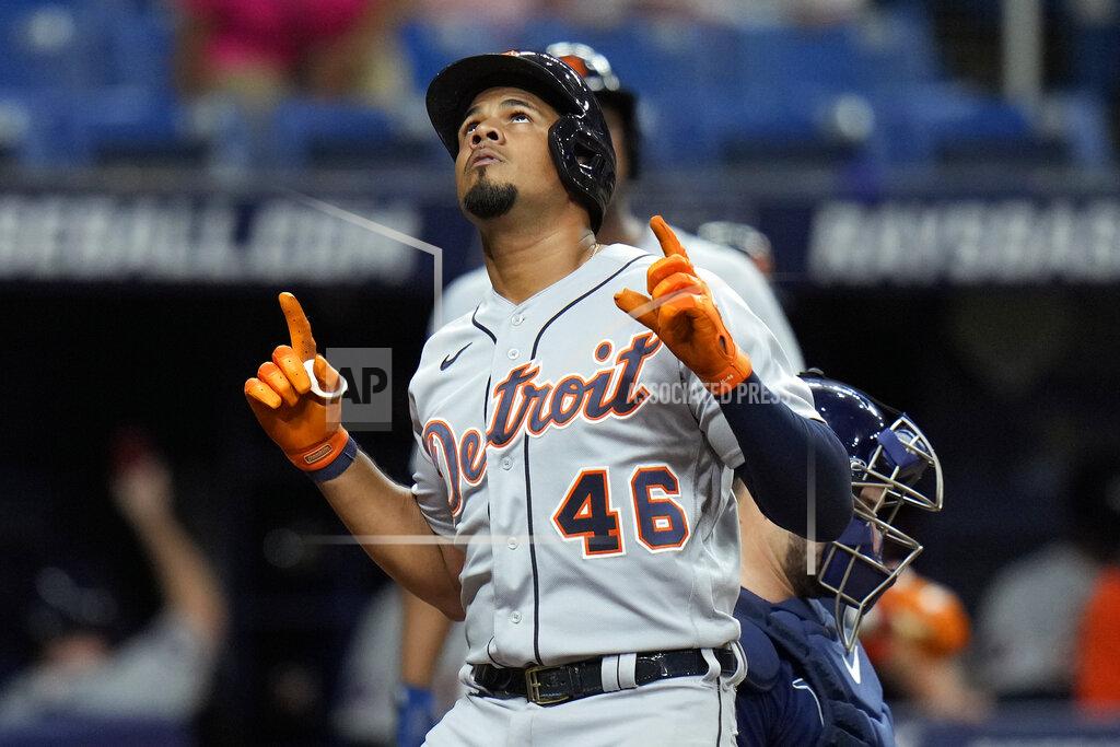 Chris O'MEara Detroit Tigers' Jeimer Candelario reacts after his solo home run off Tampa Bay Rays starting pitcher Shane McClanahan during the fifth inning of a baseball game Tuesday, May 17, 2022, in St. Petersburg, Fla. (AP Photo/Chris O'Meara)