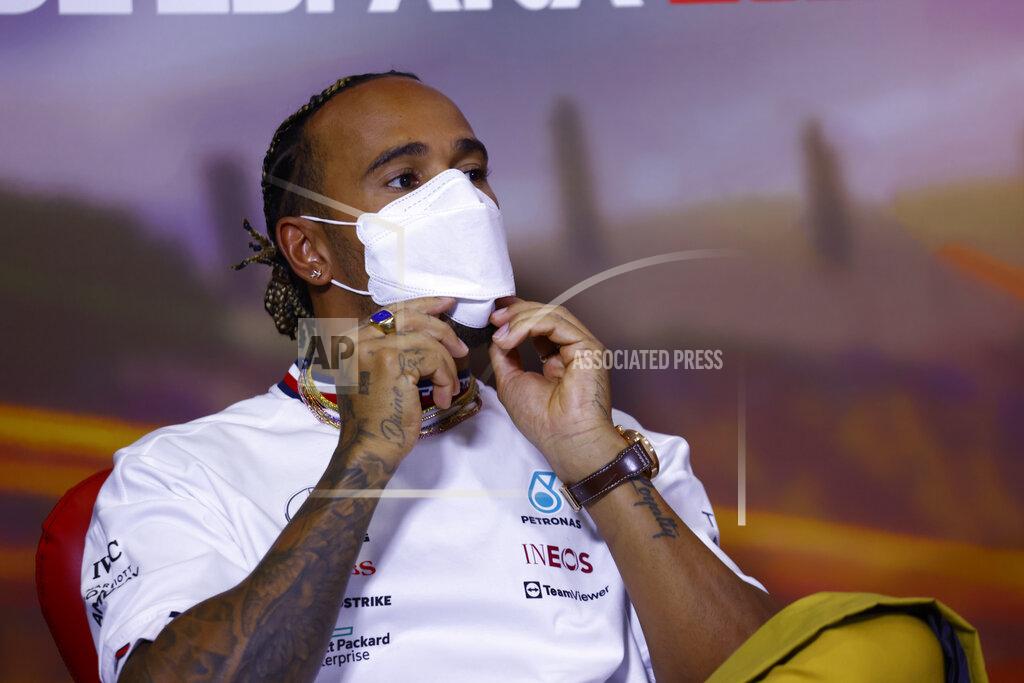 Joan Monfort Mercedes driver Lewis Hamilton of Britain addresses to the media during a press conference at the Barcelona Catalunya racetrack in Montmelo, Spain, Friday, May 20, 2022. The Formula One race will be held on Sunday. (AP Photo/Joan Monfort)