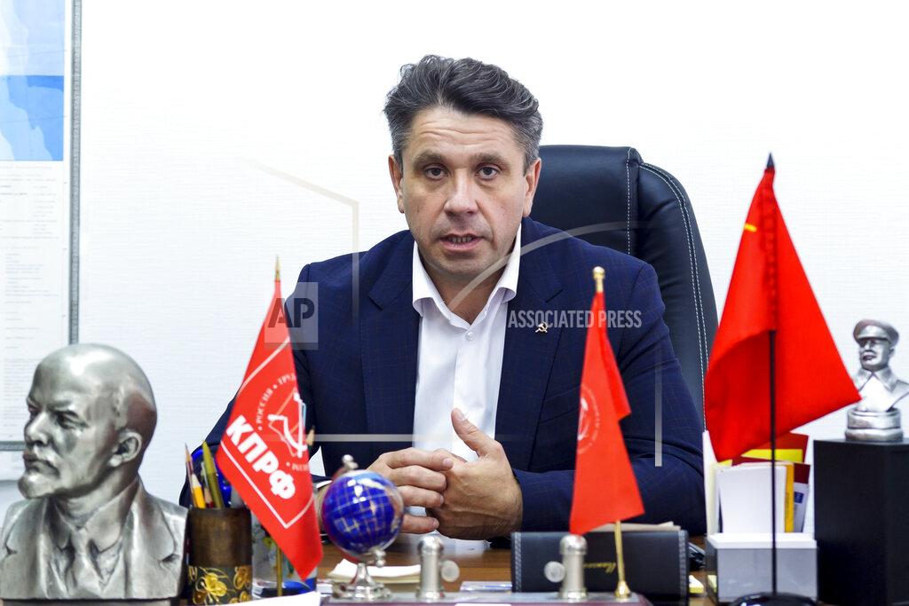 Sergei Demidov Pyotr Perevezentsev, a candidate from the Communist Party, speaks during an interview with The Associated Press in Khabarovsk, Russia, Monday, Sept. 13, 2021. Perevezentsev said municipal officials in some districts in the city had been told by their superiors whose nominating petitions to sign. “People representing the presidential administration curated these elections,” he said. (AP Photo/Sergei Demidov)