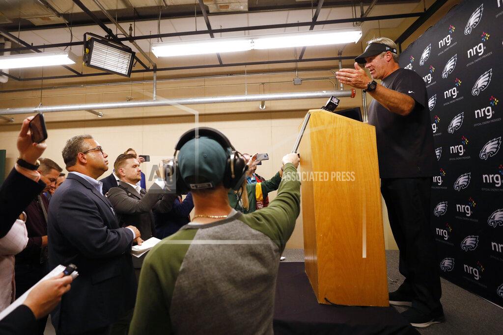Jeffrey Phelps Philadelphia Eagles coach Doug Pederson speaks during a news conference following the team's NFL football game against the Green Bay Packers on Thursday, Sept. 26, 2019, in Green Bay, Wis. Philadelphia won 34-27. (AP Photo/Jeffrey Phelps)