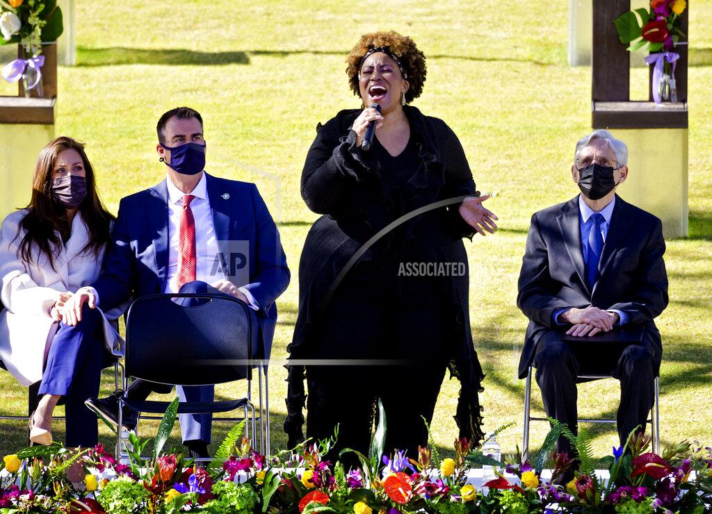 Chris Landsberger Mandisa sings during the 26th Anniversary Remembrance Ceremony at the Oklahoma City National Memorial and Museum in Oklahoma City, Okla on Monday, April 19, 2021. (Chris Landsberger/The Oklahoman via AP)