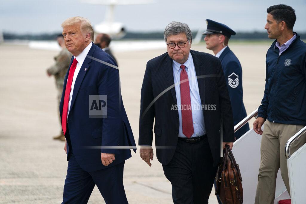 Evan Vucci President Donald Trump, Attorney General William Barr and acting Homeland Security Secretary Chad Wolf arrive at Andrews Air Force Base after a trip to Kenosha, Wis., Tuesday, Sept. 1, 2020, at Andrews Air Force Base, Md. (AP Photo/Evan Vucci)