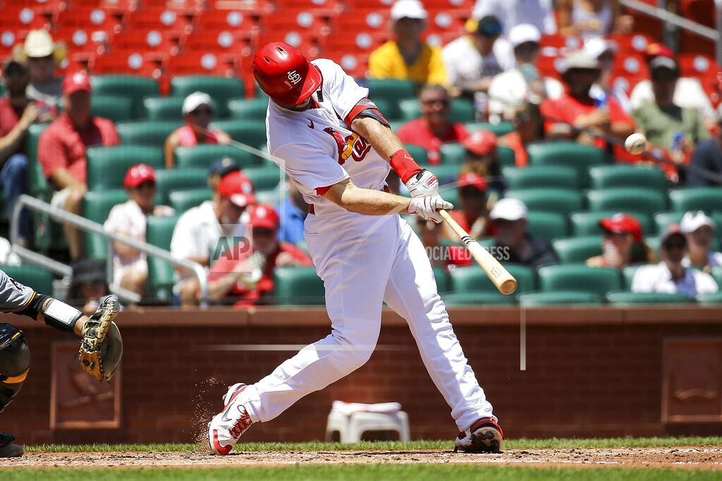 Scott Kane St. Louis Cardinals' Paul Goldschmidt hits a two-run home run during the third inning in the first game of a baseball doubleheader against the Pittsburgh Pirates, Tuesday, June 14, 2022, in St. Louis. (AP Photo/Scott Kane)