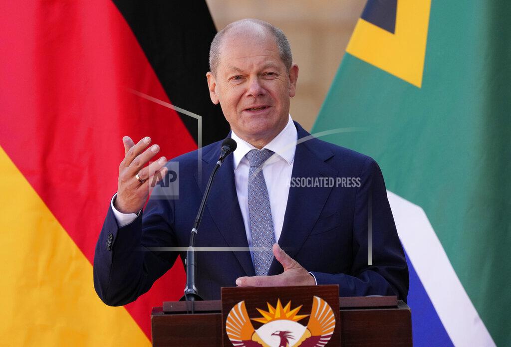 Themba Hadebe German Chancellor Olaf Scholz speaks during a joint media conference with South Africa President Cyril Ramaphosa at the Union Building in Pretoria, South Africa, Tuesday, May 24, 2022. (AP Photo/Themba Hadebe)