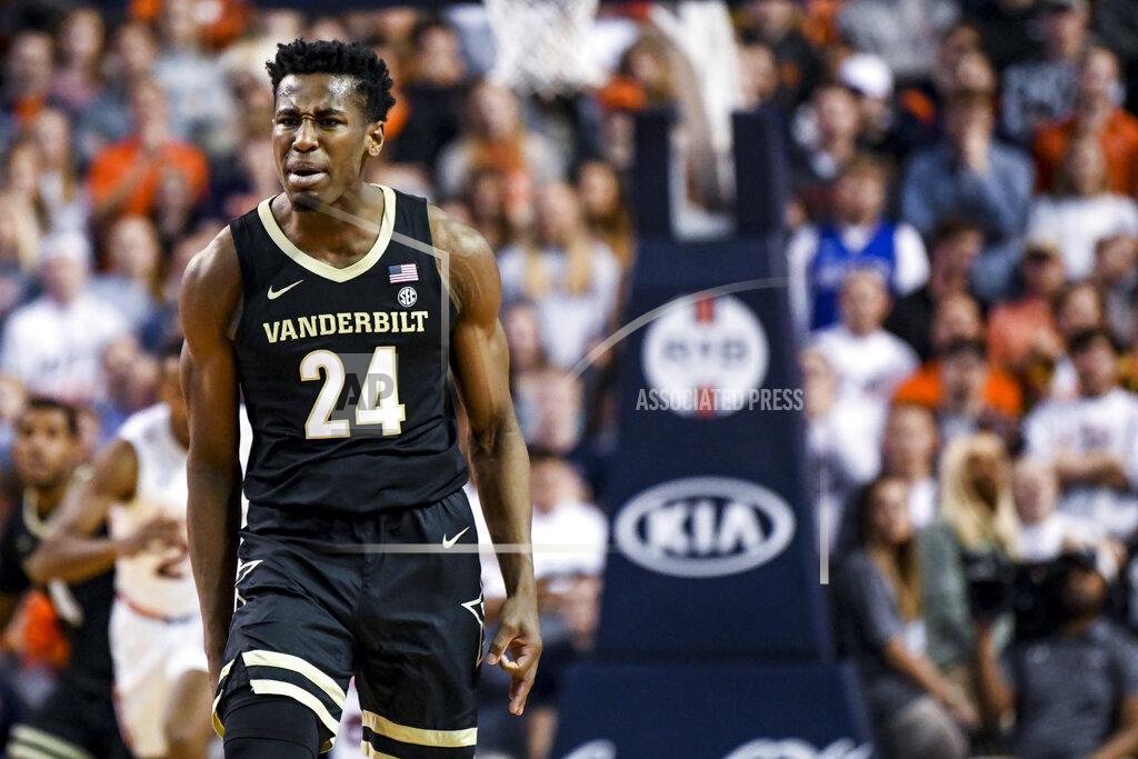Julie Bennett Vanderbilt forward Aaron Nesmith (24) celebrates after a basket against Auburn during the second half of an NCAA college basketball game Wednesday, Jan. 8, 2020, in Auburn, Ala. (AP Photo/Julie Bennett)