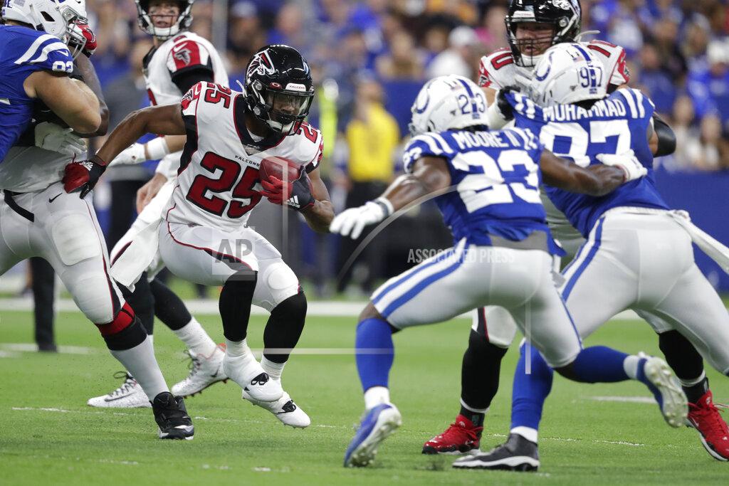 Michael Conroy Atlanta Falcons running back Ito Smith (25) runs against Indianapolis Colts cornerback Kenny Moore (23) during the first half of an NFL football game, Sunday, Sept. 22, 2019, in Indianapolis. (AP Photo/Michael Conroy)