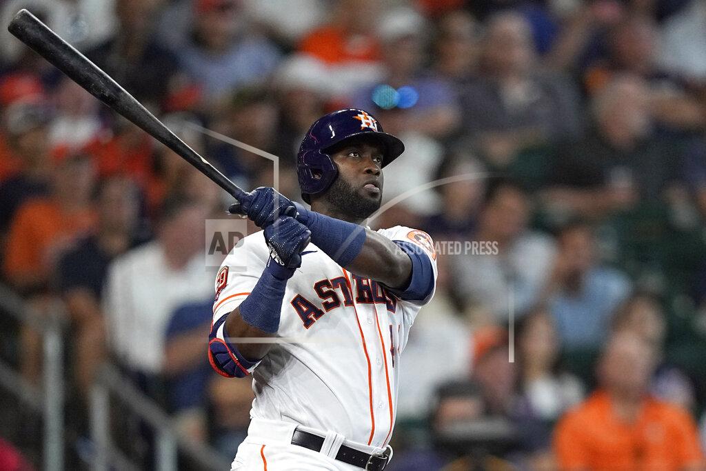 David J. Phillip Houston Astros' Yordan Alvarez hits a home run against the New York Mets during the third inning of a baseball game Wednesday, June 22, 2022, in Houston. (AP Photo/David J. Phillip)