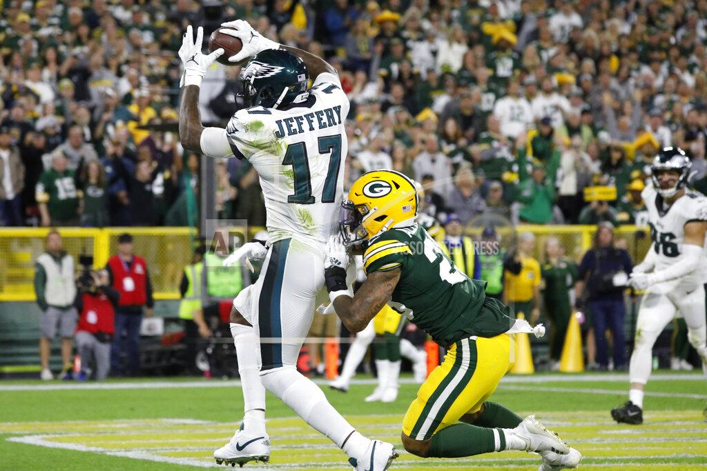 Jeffrey Phelps Philadelphia Eagles wide receiver Alshon Jeffery pulls down a pass for a touchdown while being covered by Green Bay Packers cornerback Jaire Alexander during the first half of an NFL football game Thursday, Sept. 26, 2019, in Green Bay, Wis. (AP Photo/Jeffrey Phelps)