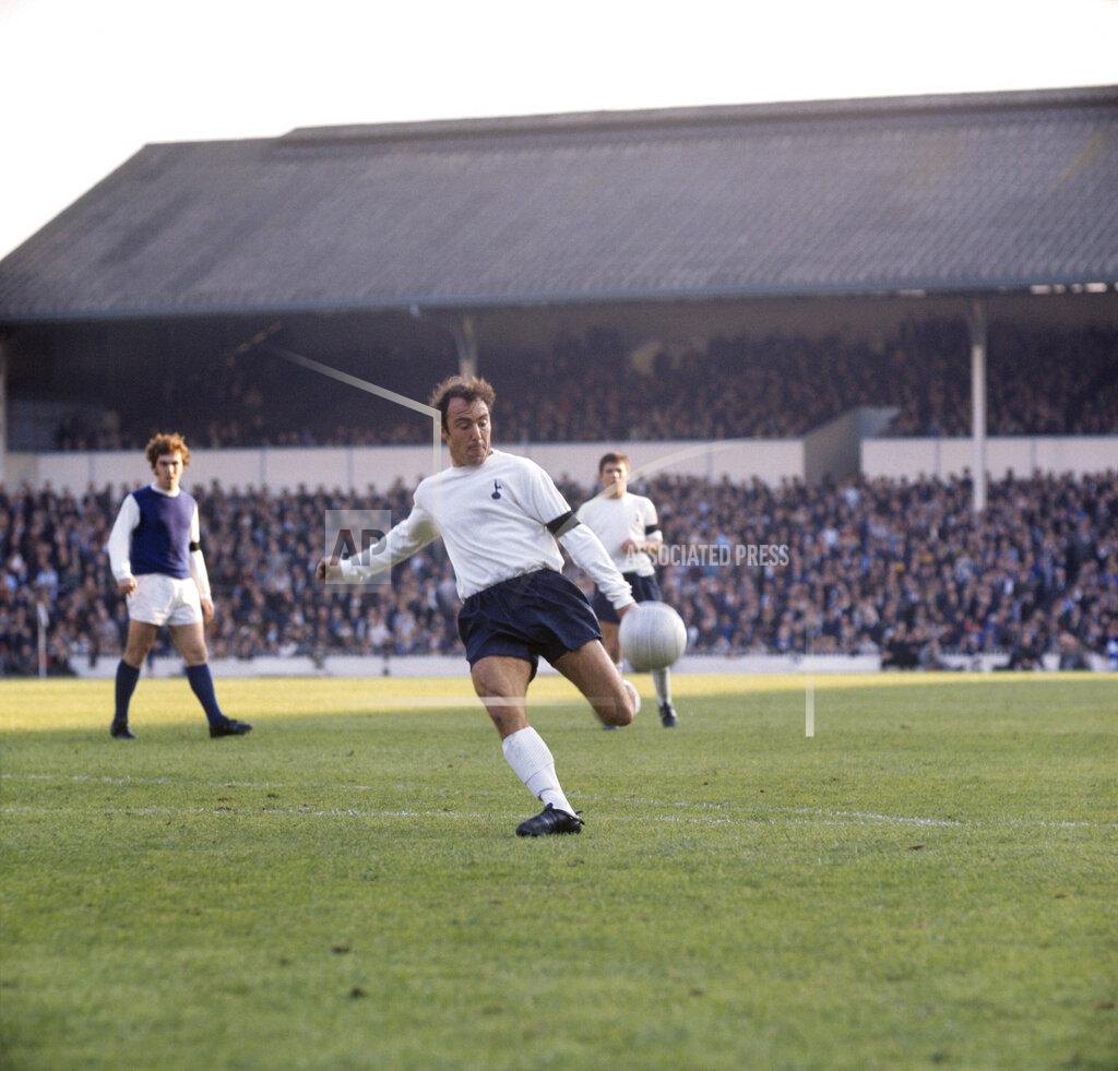 Uncredited FILE - In this Nov. 1, 1969 file photo, Tottenham Hotspur's Jimmy Greaves in action at White Hart Lane. Jimmy Greaves, one of England’s greatest goal-scorers who was prolific for Tottenham, Chelsea and AC Milan has died. He was 81. With 266 goals in 379 appearances, Greaves was the all-time record scorer for Tottenham, which announced his death on Sunday, Sept. 19, 2021. (PA via AP, File)