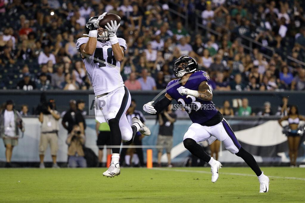 Matt Rourke Philadelphia Eagles' Alex Ellis (48) catches a touchdown pass against Baltimore Ravens' Bennett Jackson (33) during the second half of a preseason NFL football game Thursday, Aug. 22, 2019, in Philadelphia. (AP Photo/Matt Rourke)